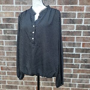 Tommy Hilfiger Black White Polka Dot Button Up Blouse Elastic Waist Puff Cuff M